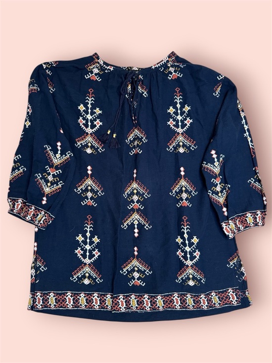 Madewell Tops - Madewell Marta Folkstitch Popover Top Navy Tassels Boho 3/4 Sleeve est sz L